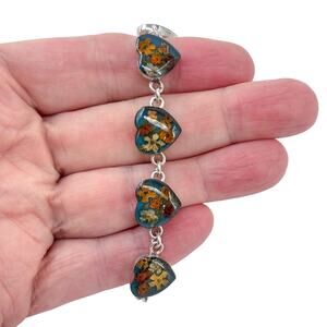 Estate Mexico Dried Flower Resin Heart Bracelet Sterling Silver 925 | 7.25"